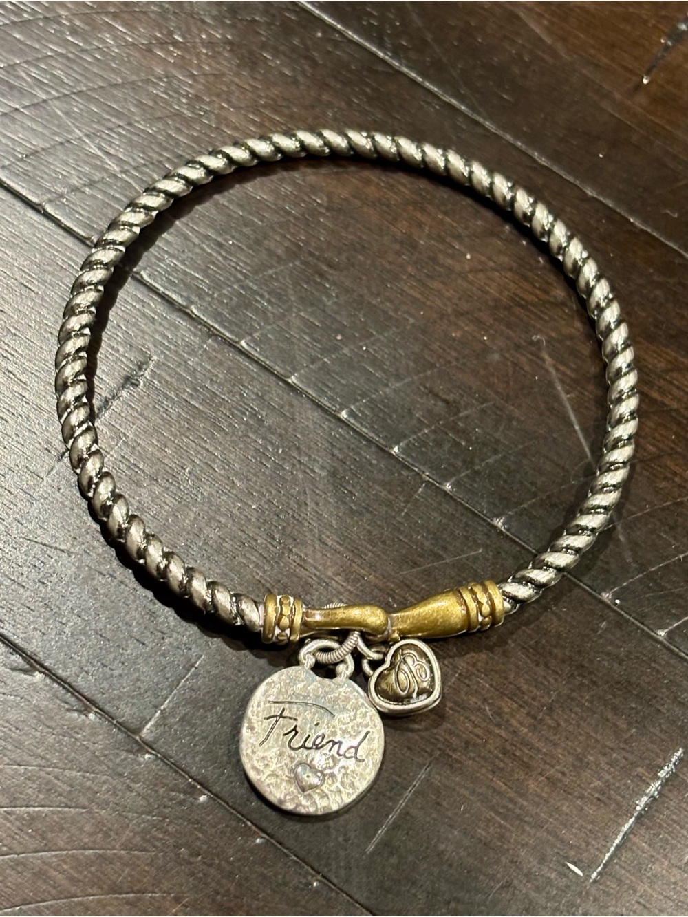 Brighton Women’s Bracelet Silver Plated Mother Friend Charm Twist Bangle 8”